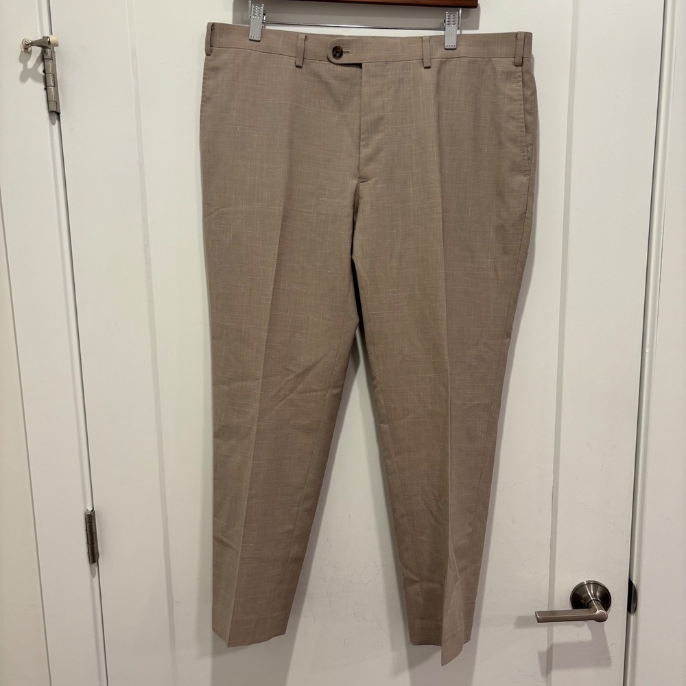 Indochino Men Tan Wool Linen Blend Dress Pants Tapered Flat Front Trousers 36x29